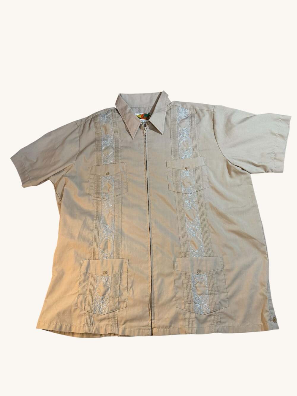 Vintage Haband Guayabera Zip-Up Short Sleeve Embroidered Shirt Beige Large